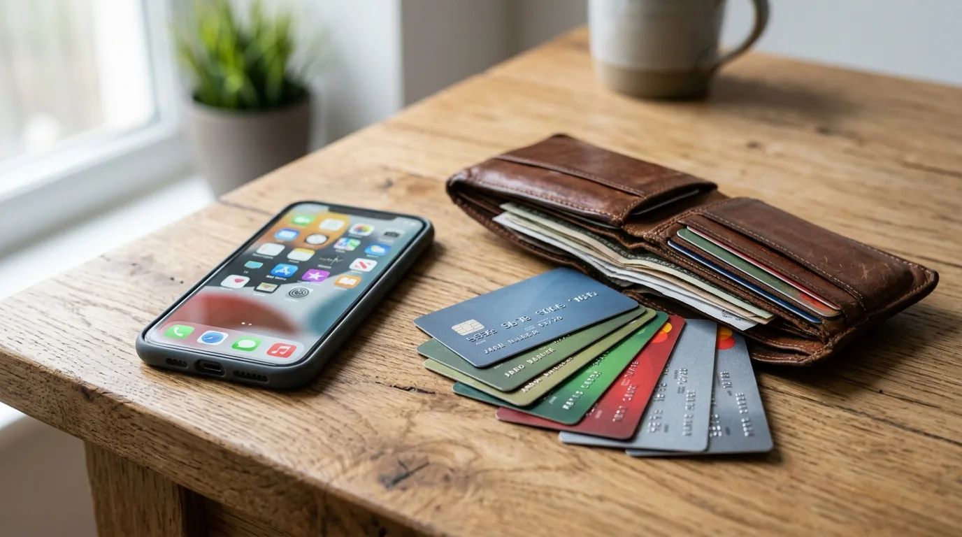 A wallet stuffed with several credit cards next to a phone showing streaming app icons