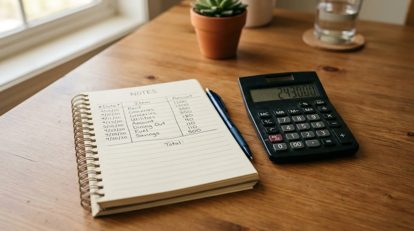 A notebook with a simple handwritten monthly subscription budget next to a calculator