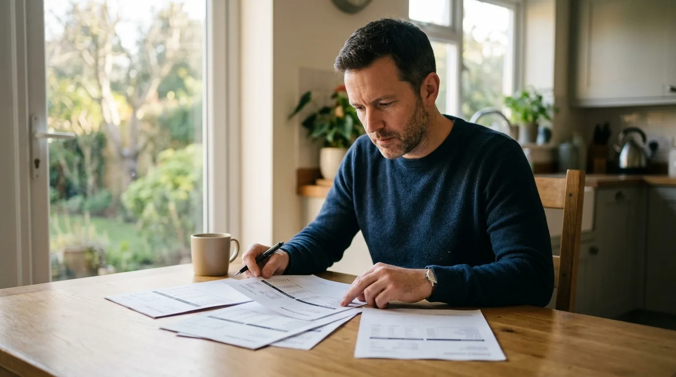 An adult man reviewing several credit card statements spread on a table