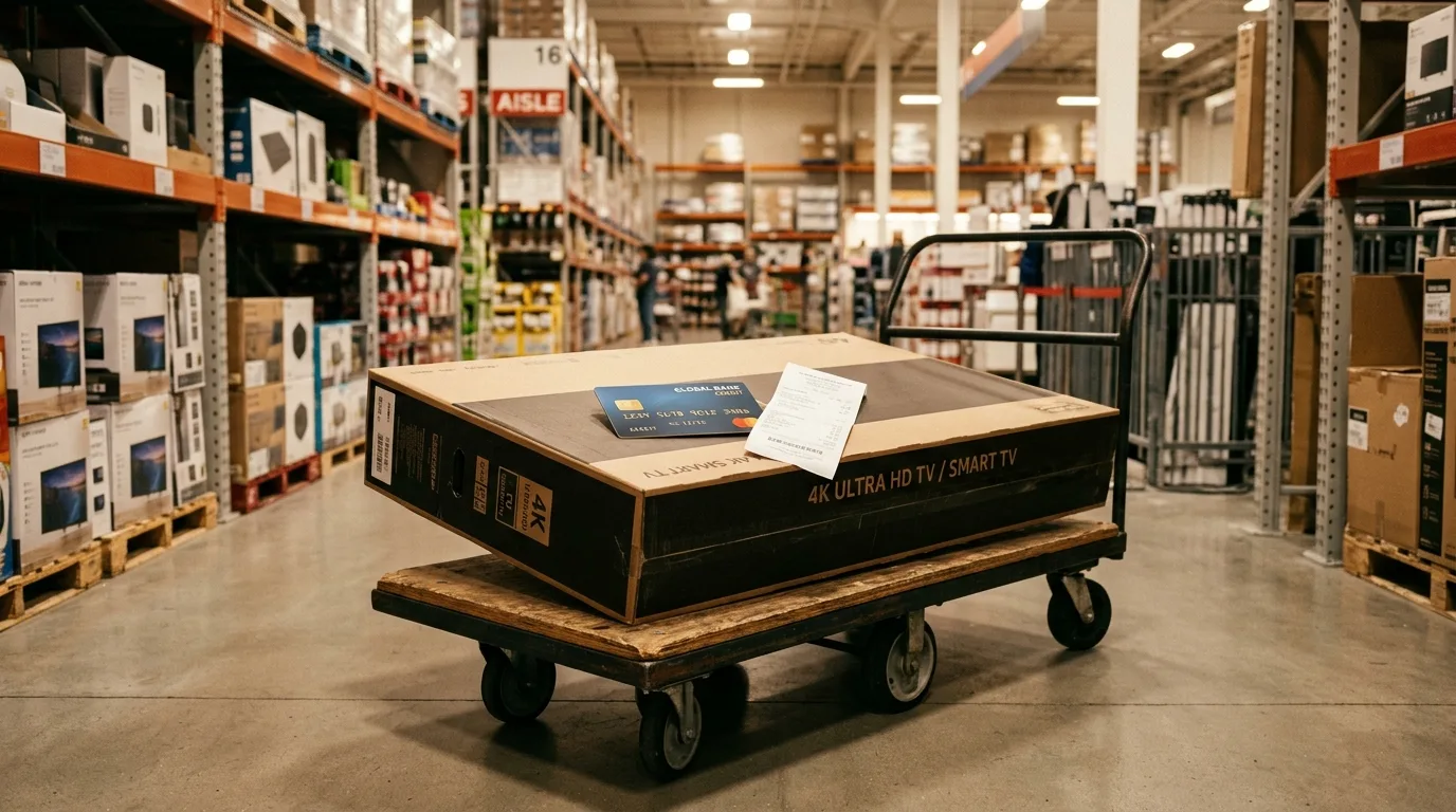 A generic credit card sitting on a receipt next to a boxed television in a warehouse store aisle