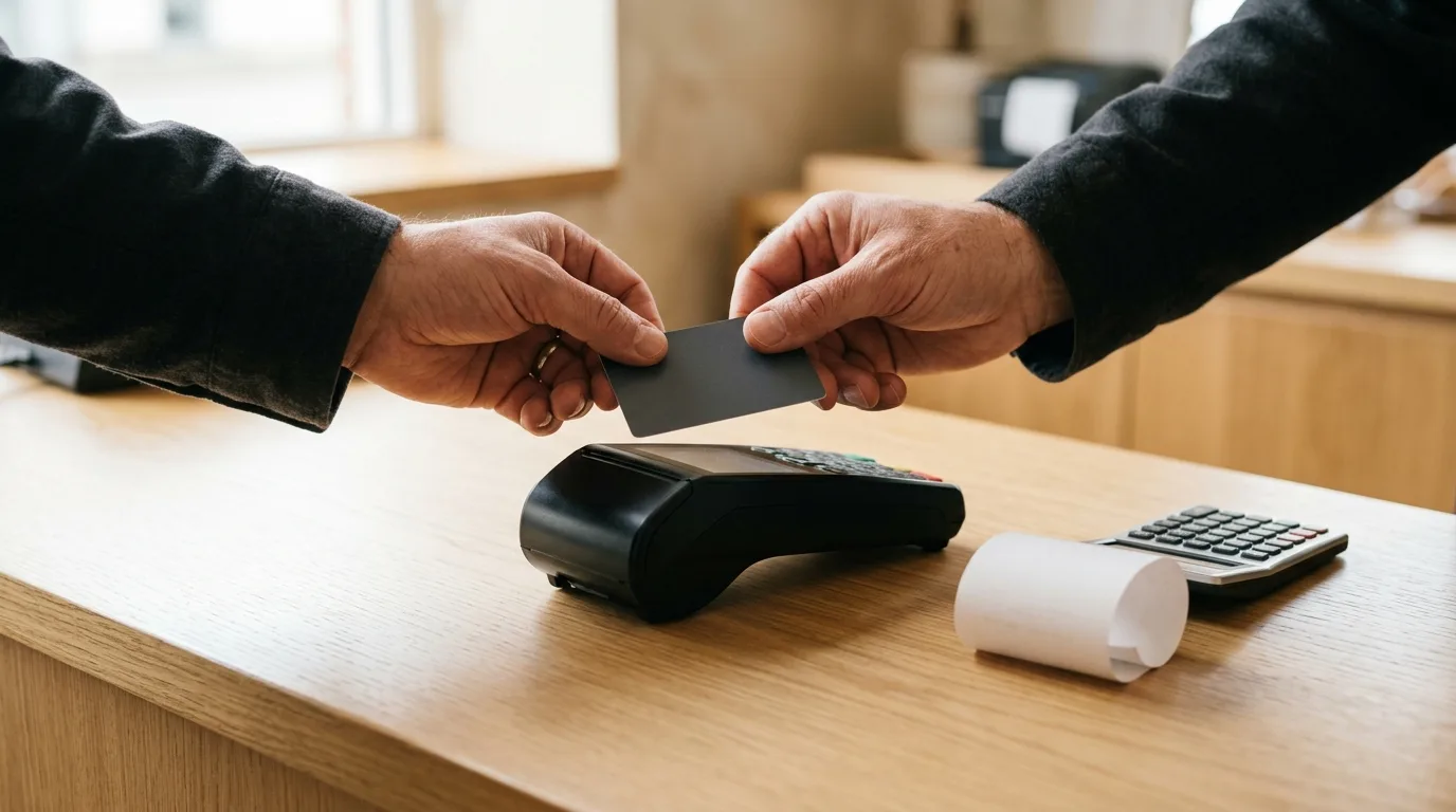 Close-up of a hand holding a credit card at a checkout register with a calculator showing cash back math