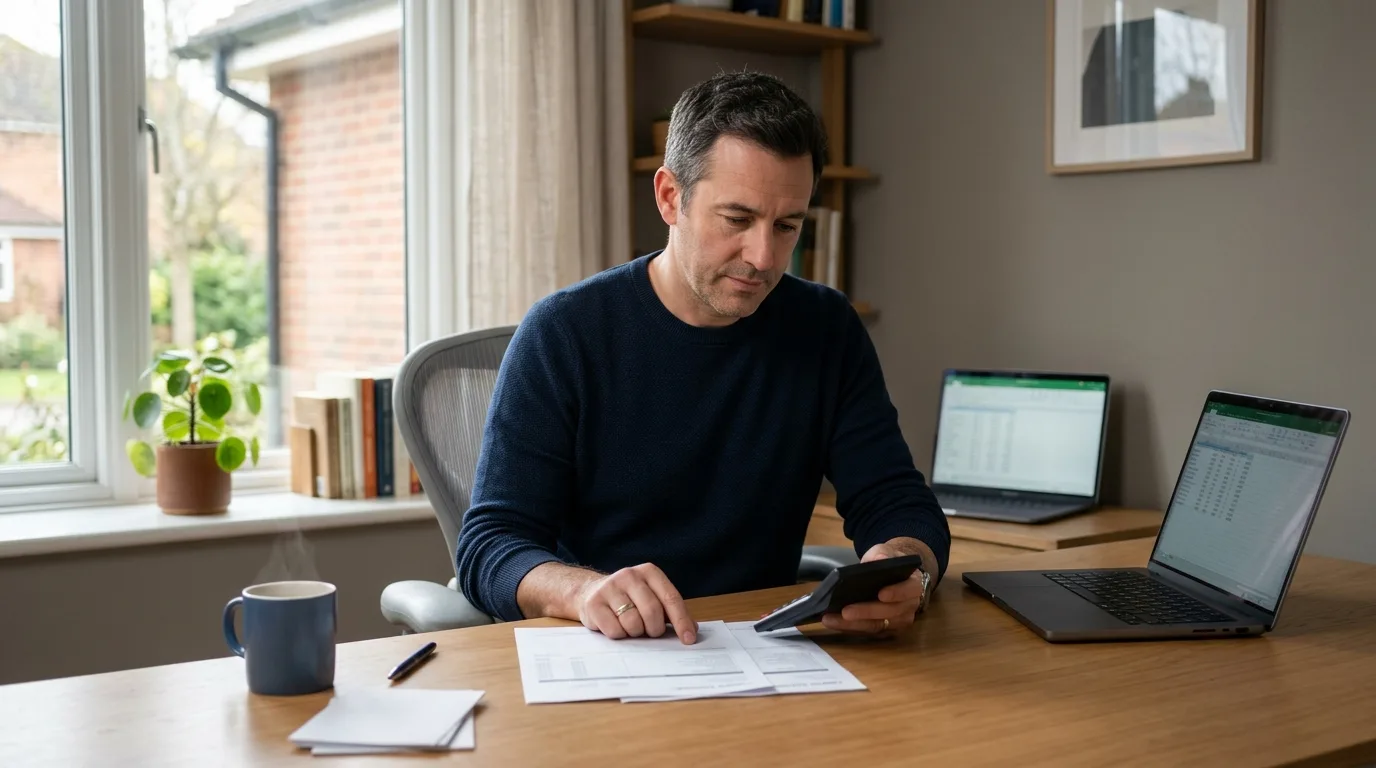 A man reviewing paperwork and a credit card statement at a home desk