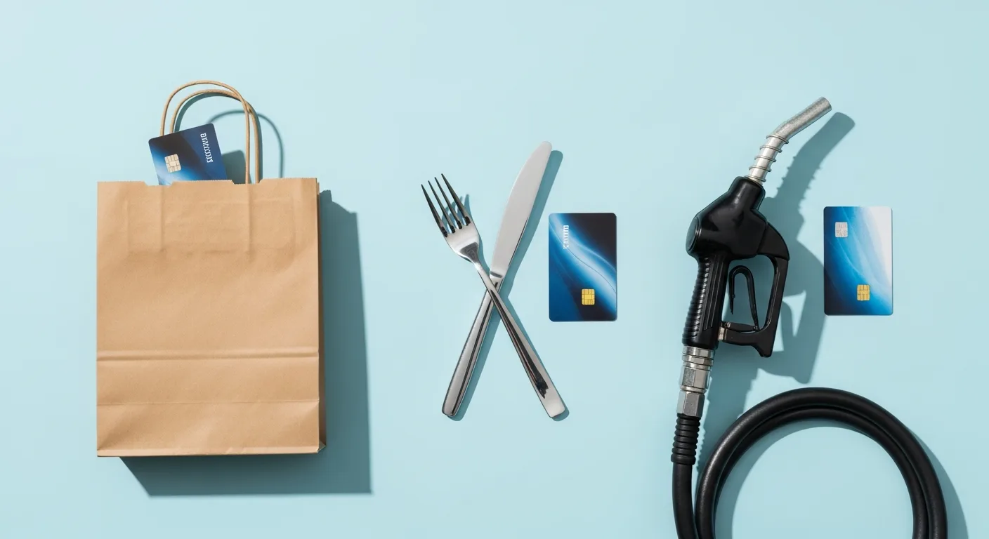 Credit cards arranged by spending category - groceries, dining, gas - showing a multi-card strategy