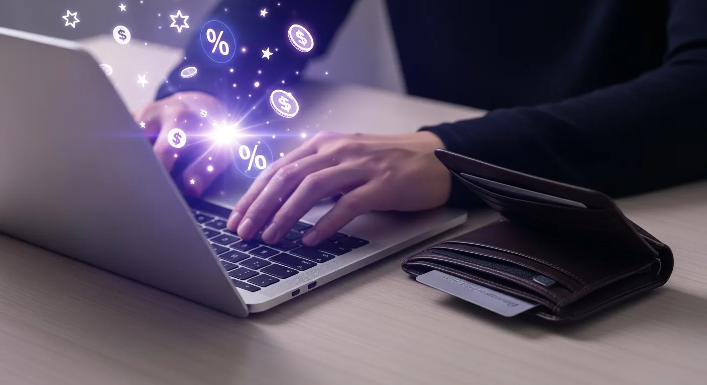 Person shopping online on laptop with credit card earning stacked rewards from a shopping portal