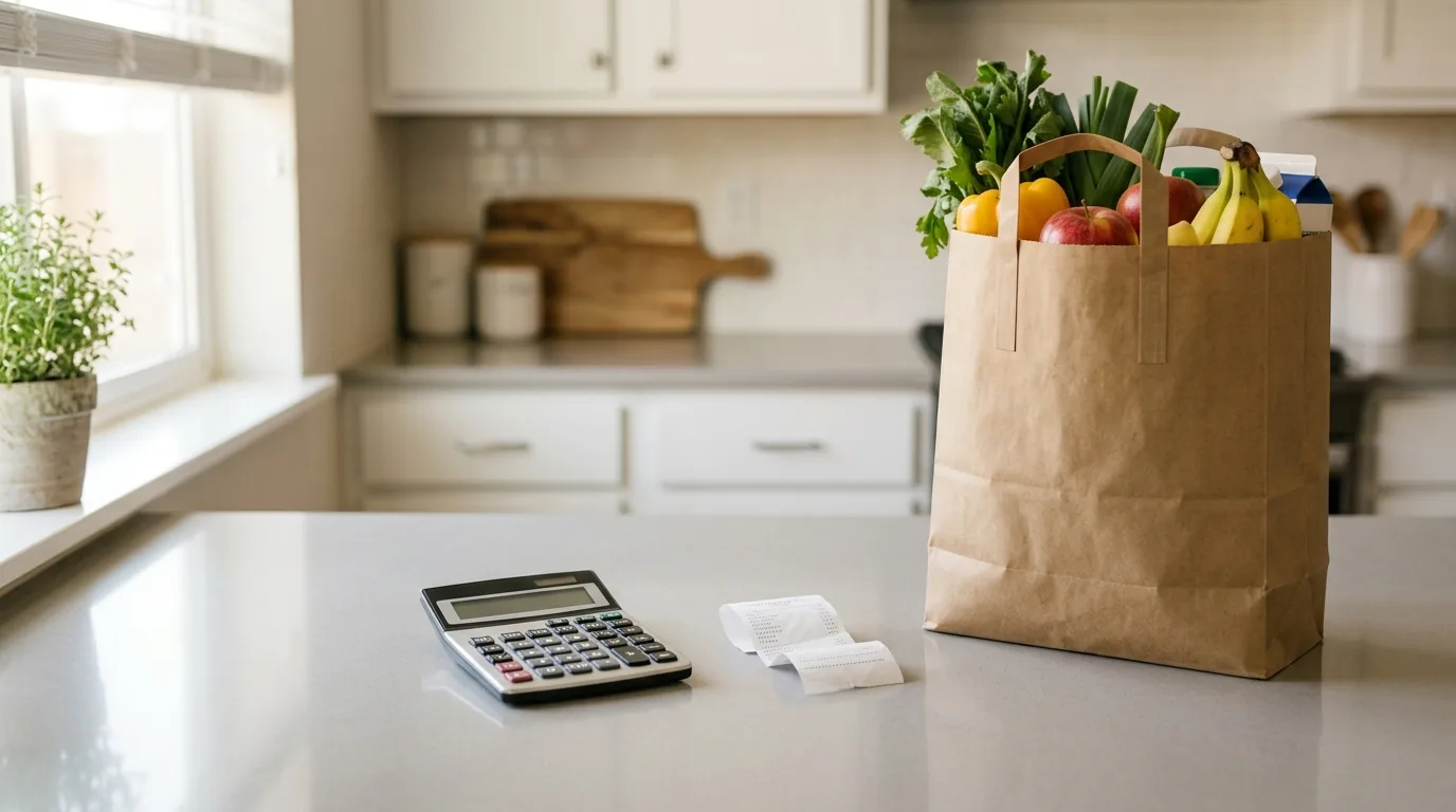 A grocery receipt and calculator on a kitchen counter