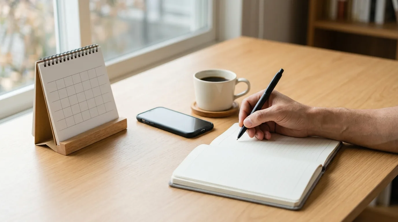 A calendar and smartphone on a desk with a coffee cup