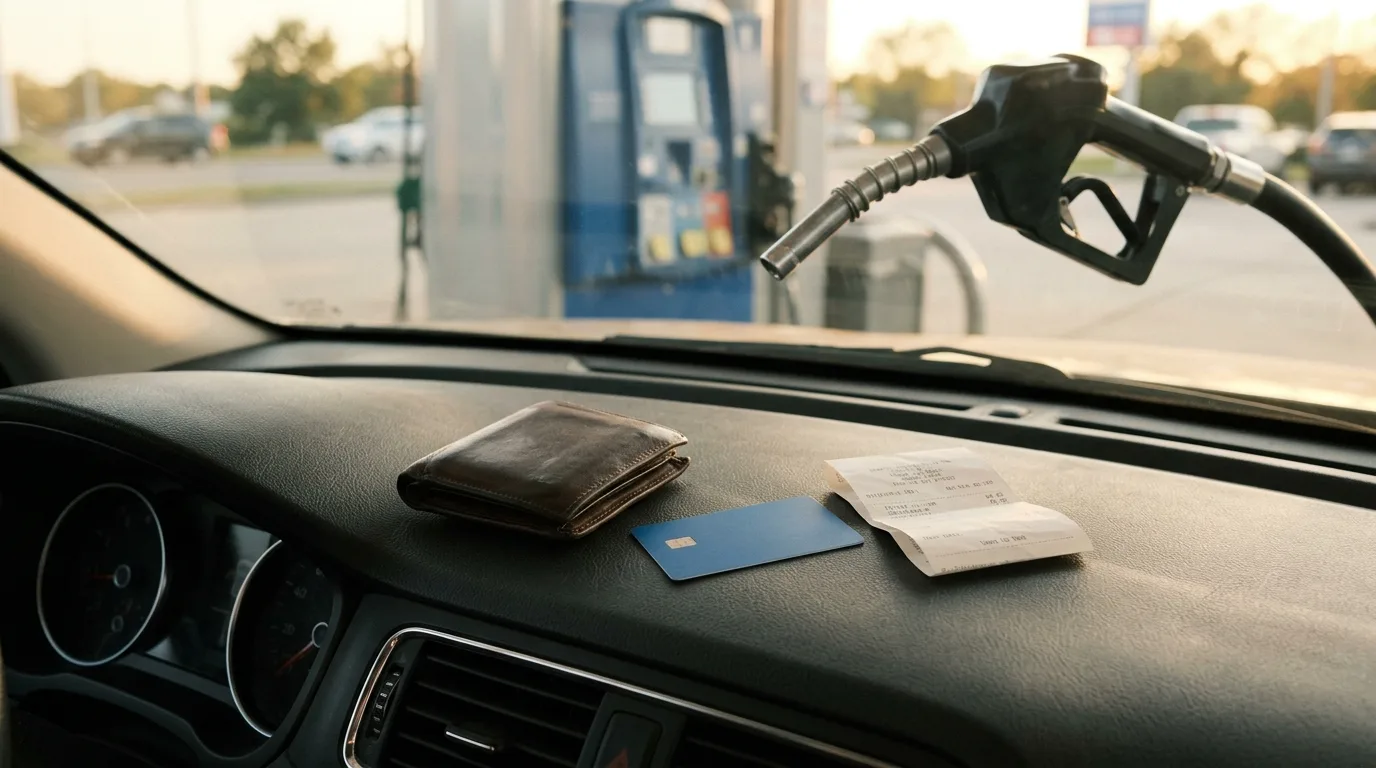 A wallet with a credit card sitting beside a gas pump nozzle and a warehouse-store receipt on a car dashboard