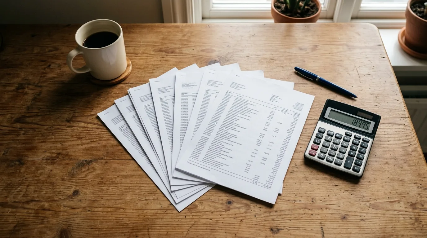 A calculator and three months of printed bank statements spread on a kitchen table