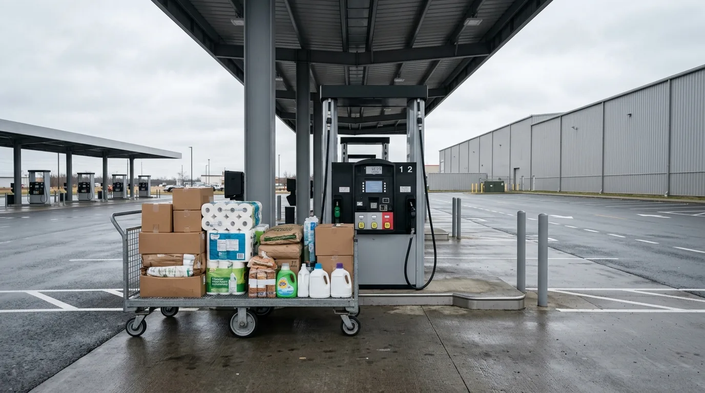 A shopping cart loaded with bulk goods parked next to a fuel pump at a warehouse-style gas station
