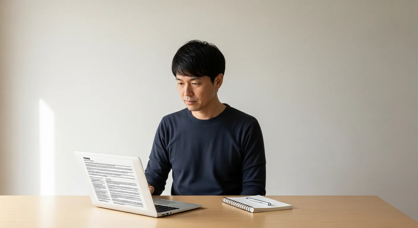 An adult man reviewing credit card terms on a laptop at a minimalist desk with a notebook beside him