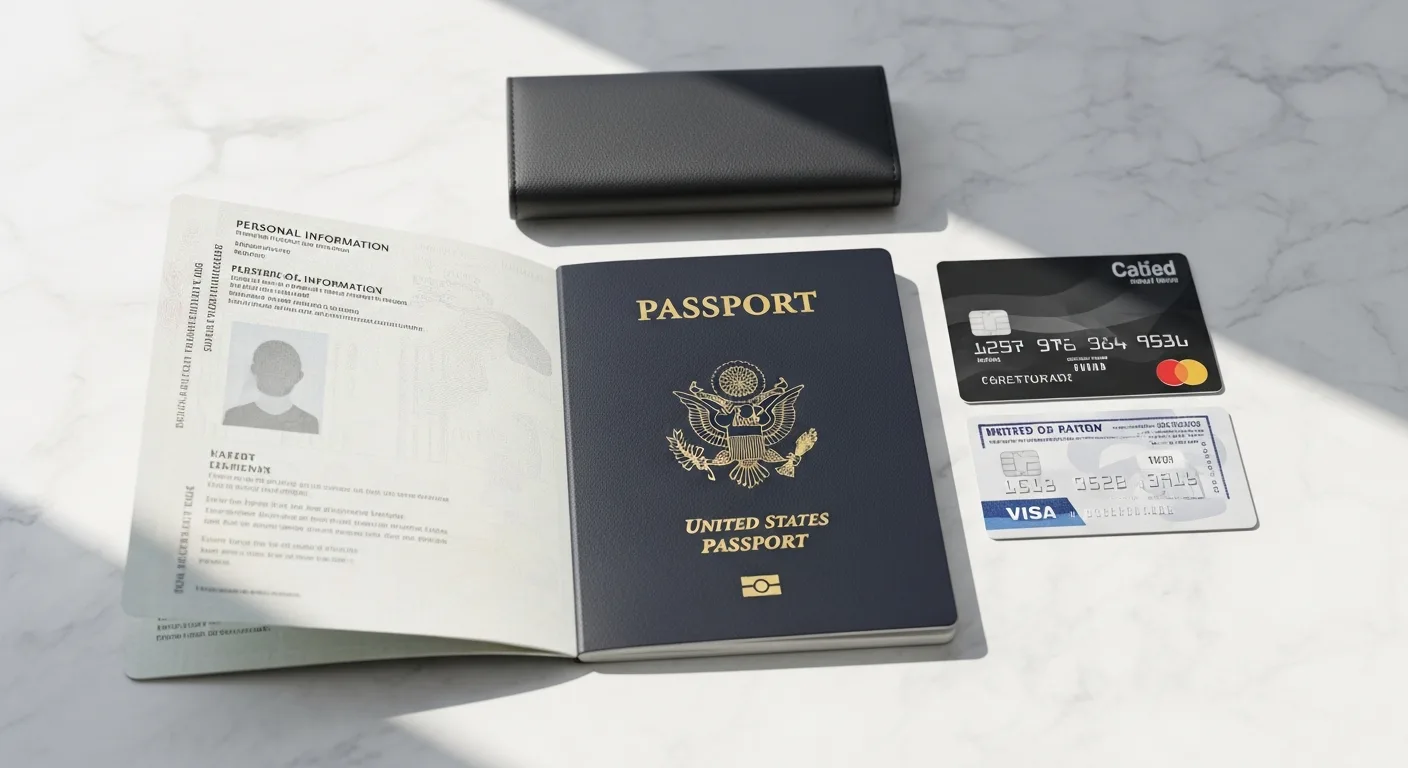 A wallet, a passport, and two credit cards laid out on a light surface ready for travel