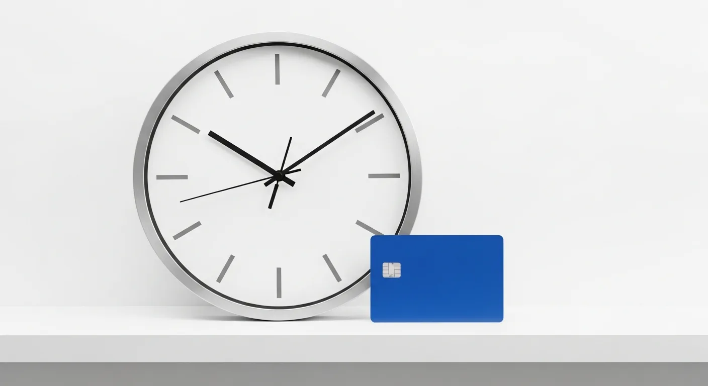 Clock being reset next to a credit card on a white shelf