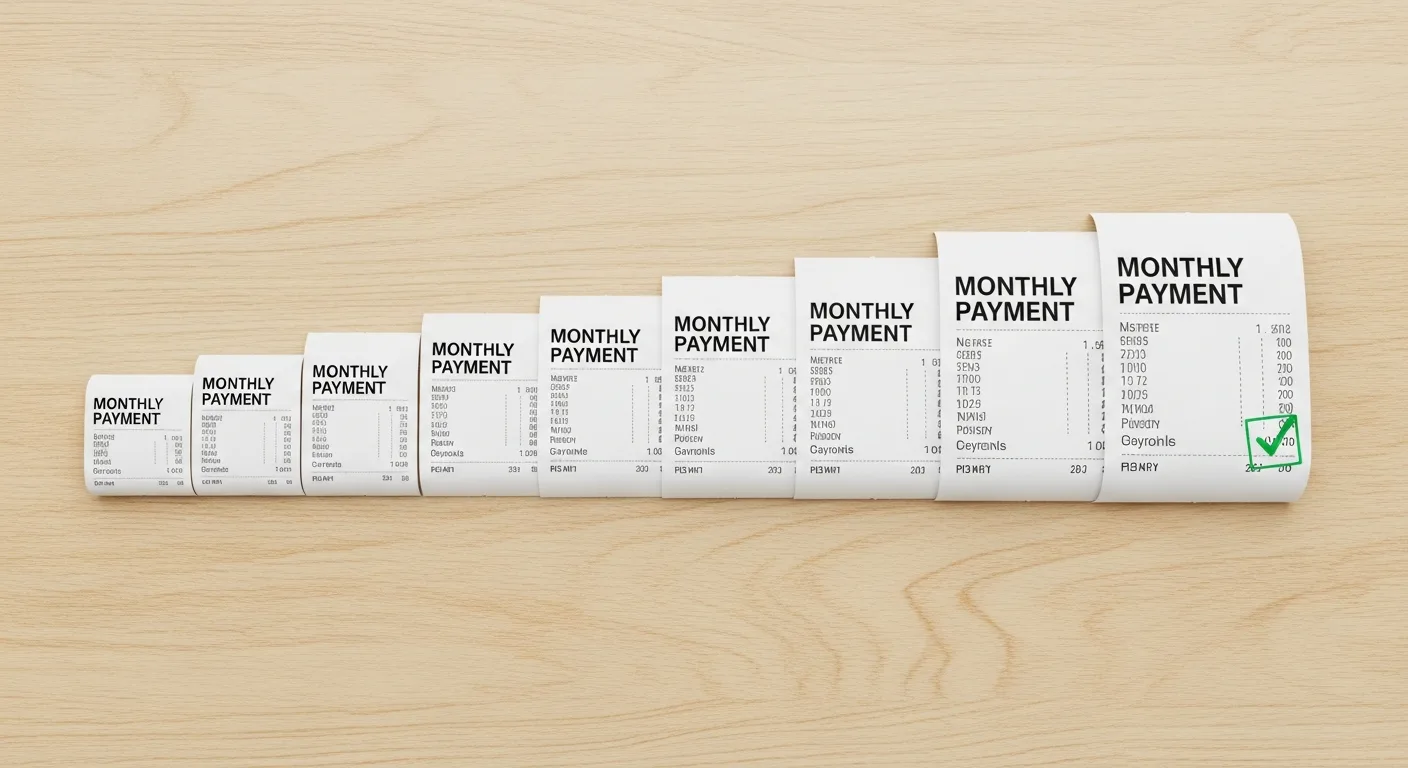 Row of monthly payment receipts arranged in order on a desk