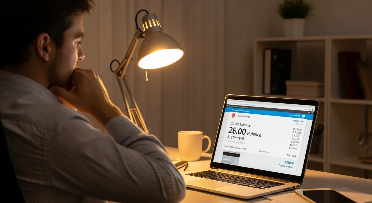 Man at desk looking relieved while reviewing a zero-balance statement