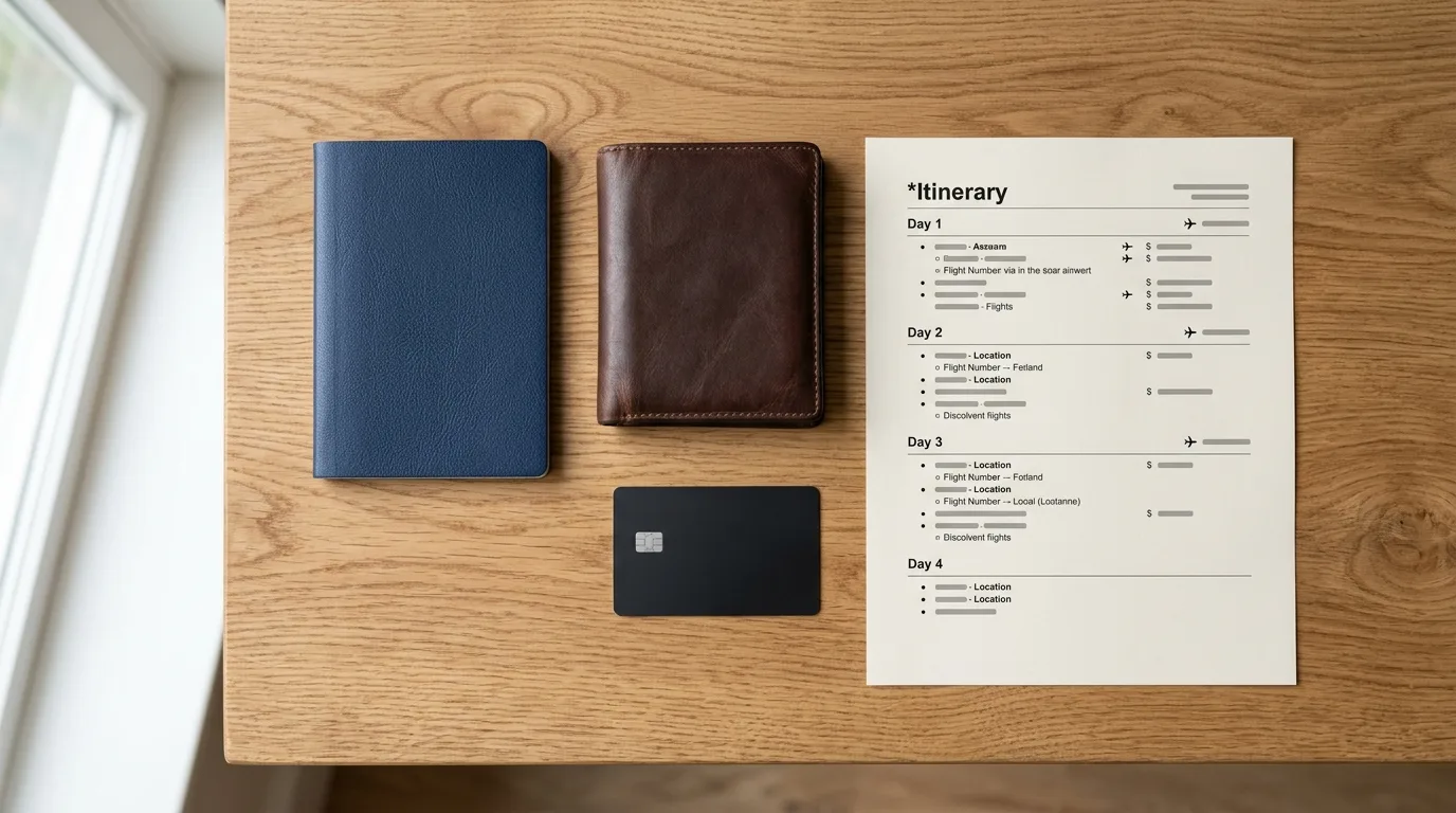 Passport, wallet and a credit card on a desk next to a travel itinerary