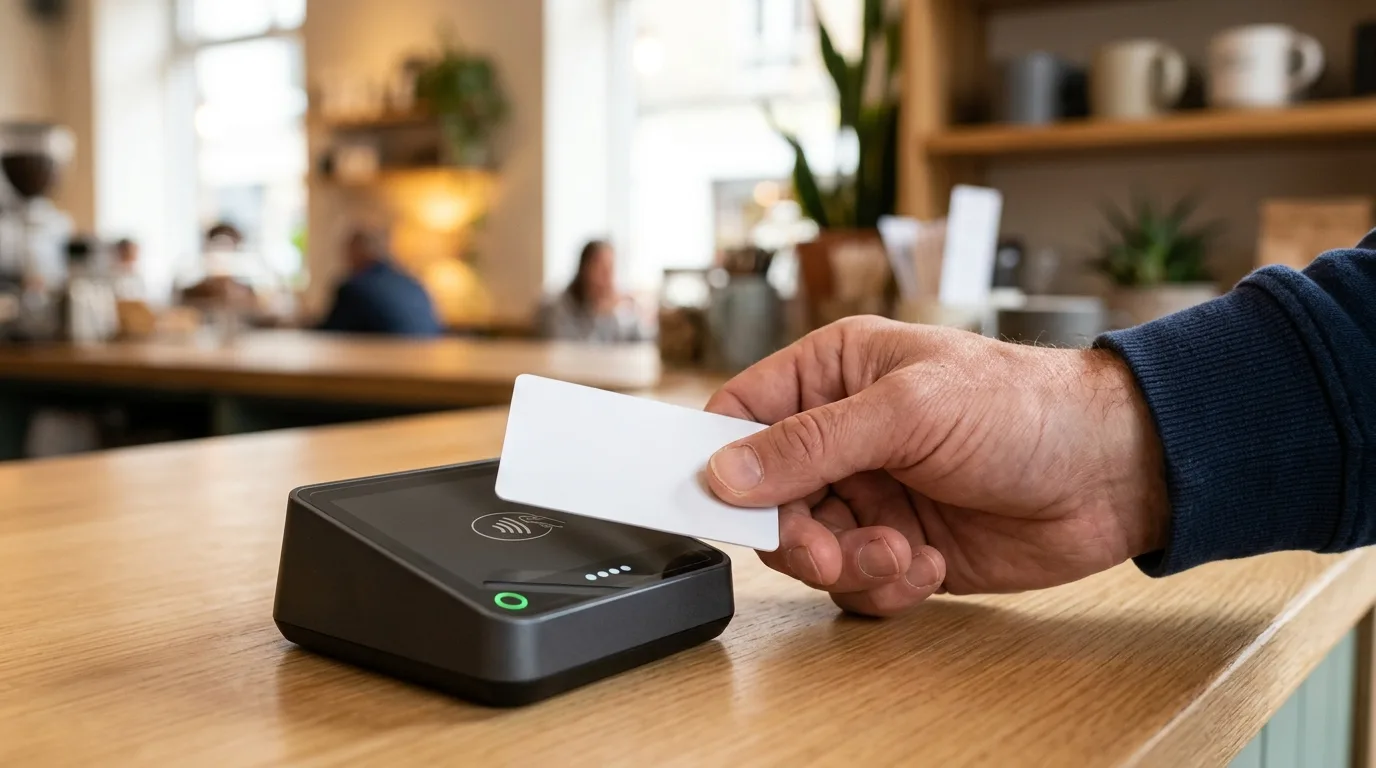 Hand holding a plain credit card at a contactless payment terminal in a cafe