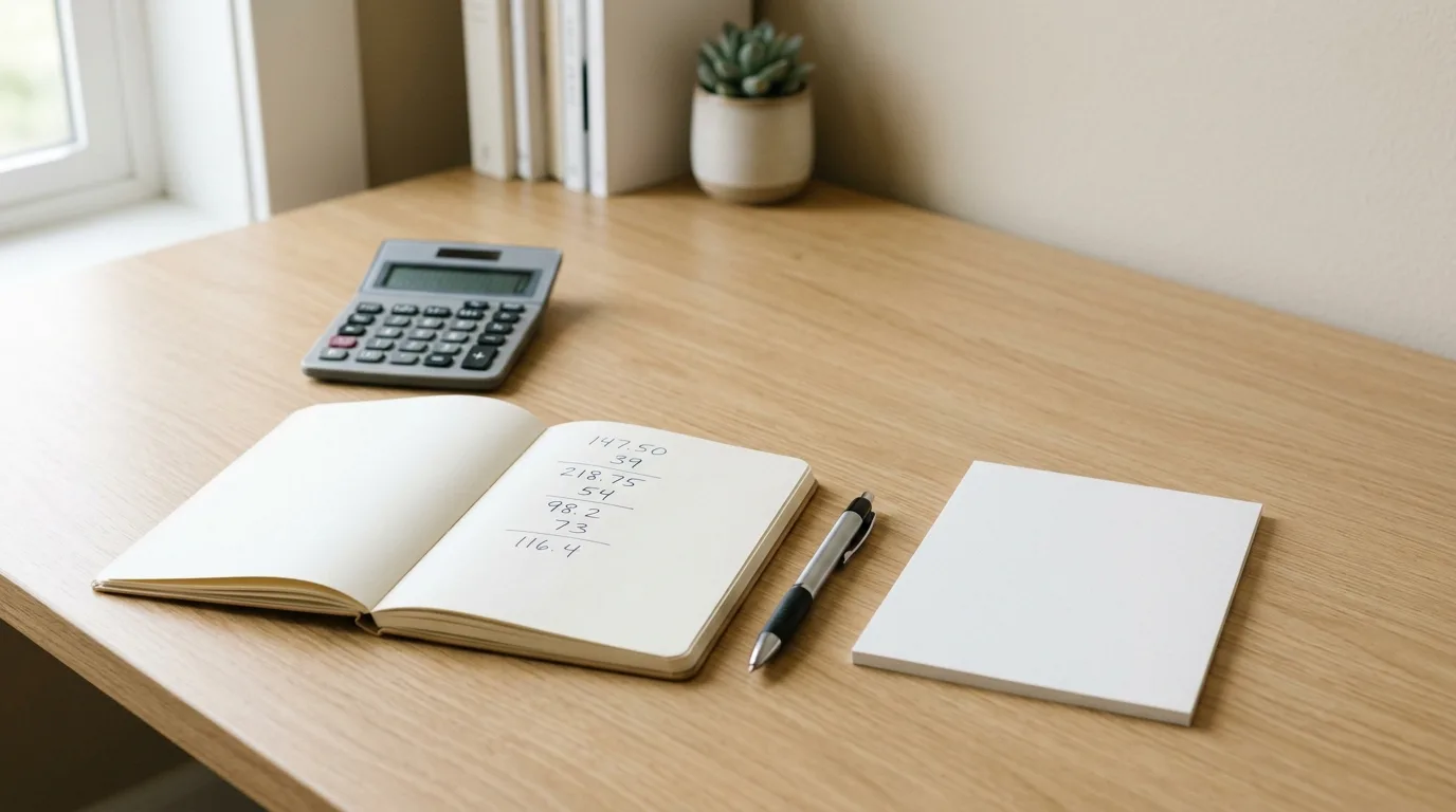 Calculator and notebook on a desk with a plain prepaid card