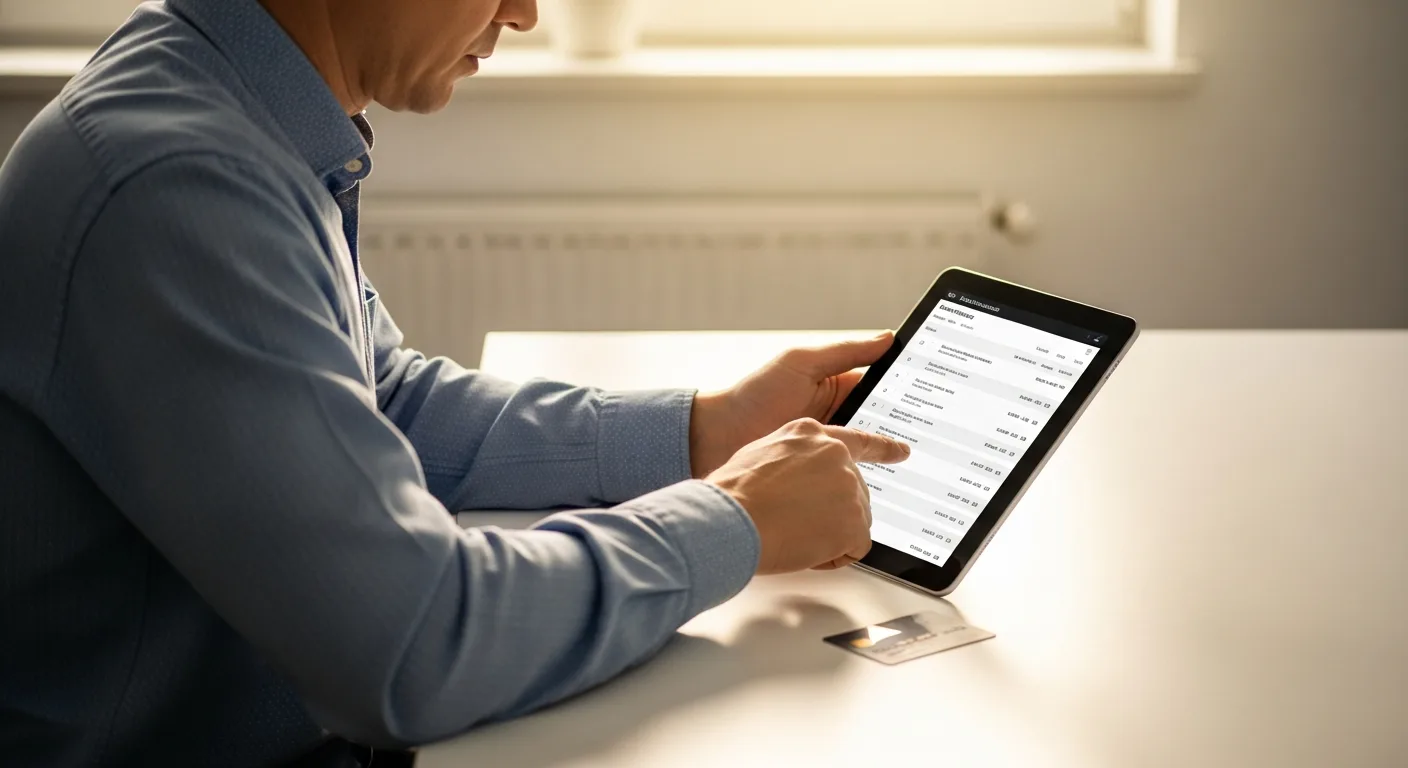 A consultant reviewing subscription charges on a tablet with a credit card nearby
