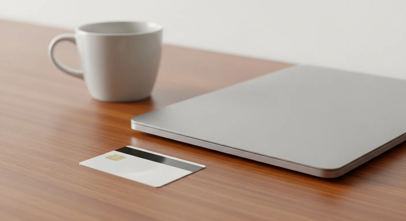 A business credit card resting on a desk beside a laptop and a coffee mug
