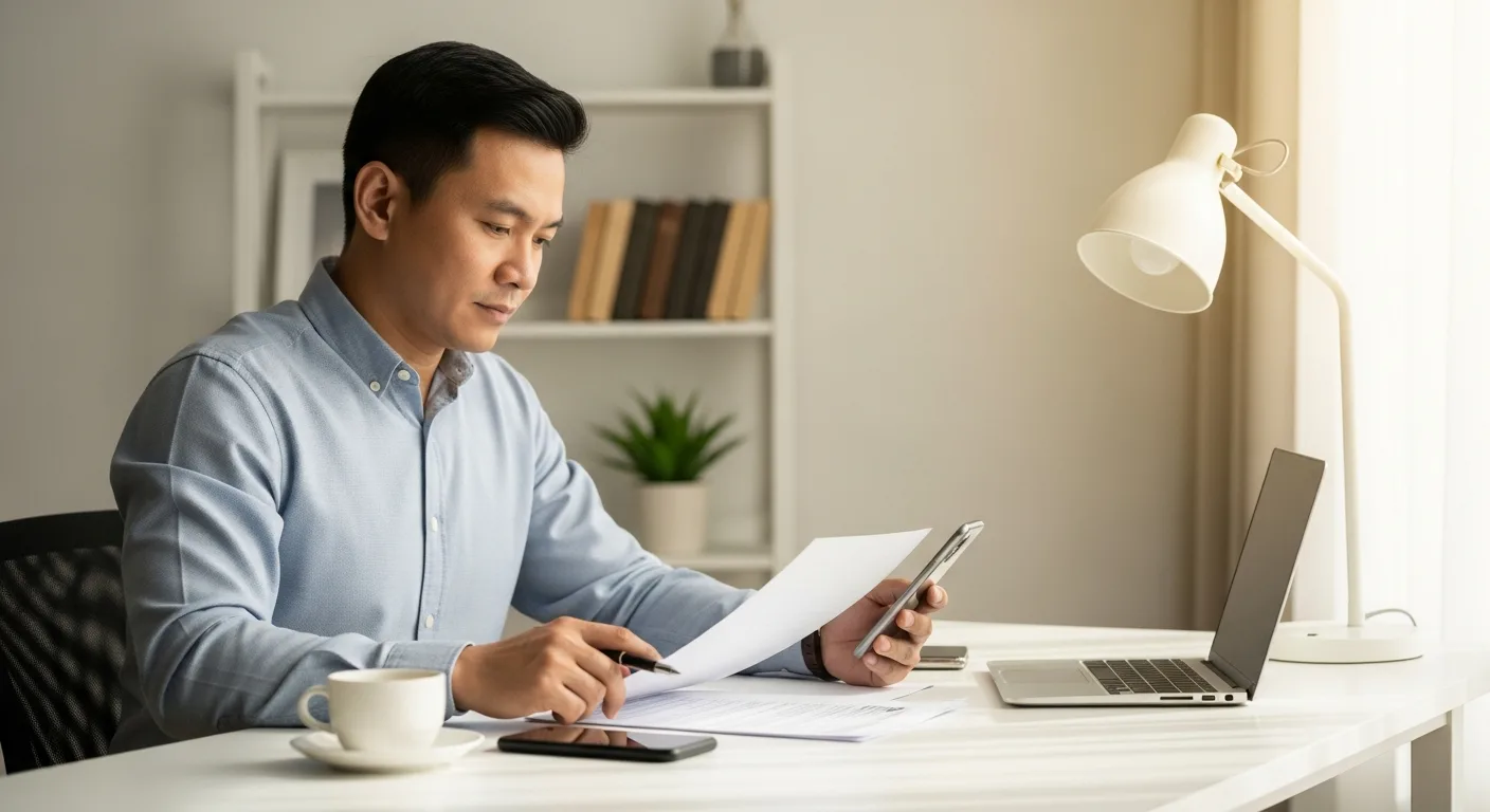 An adult man reviewing documents and a smartphone at a minimalist desk, planning an international move