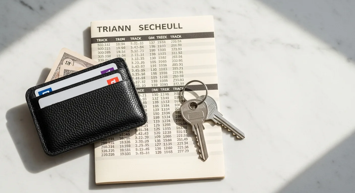 A wallet with two credit cards beside a train schedule printout and a set of apartment keys
