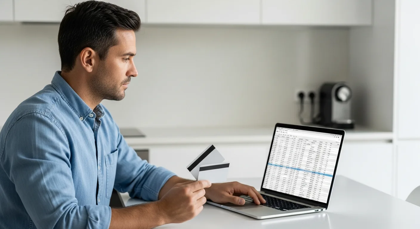 An adult man reviewing two credit cards at a kitchen table with a laptop open to a budgeting spreadsheet