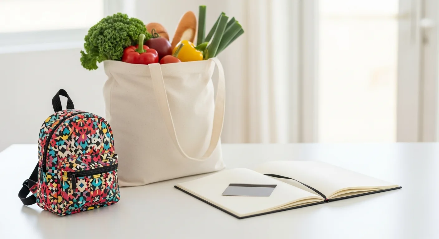 A tote bag of groceries and a child's backpack sitting beside a desk with a credit card and notepad