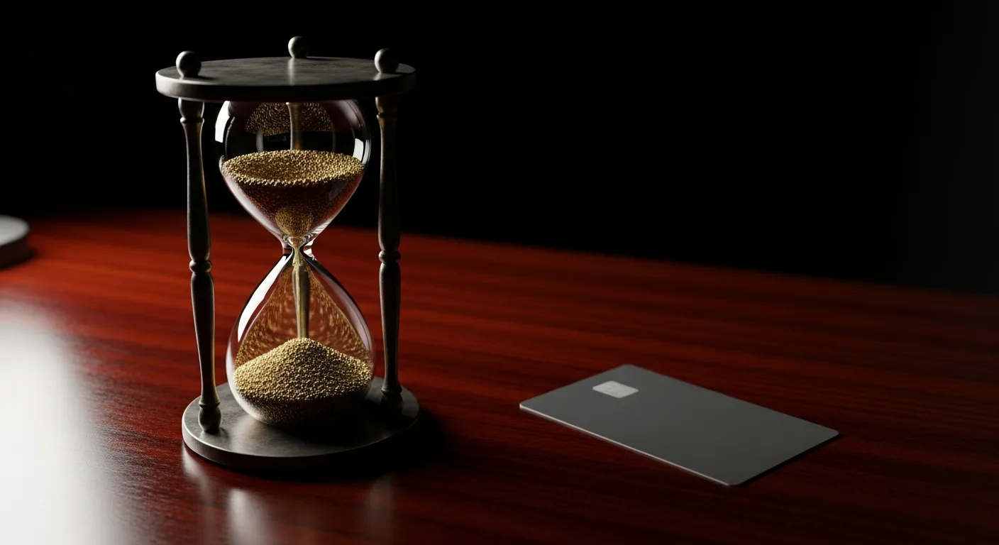 Hourglass with sand running low next to a credit card on a wooden desk