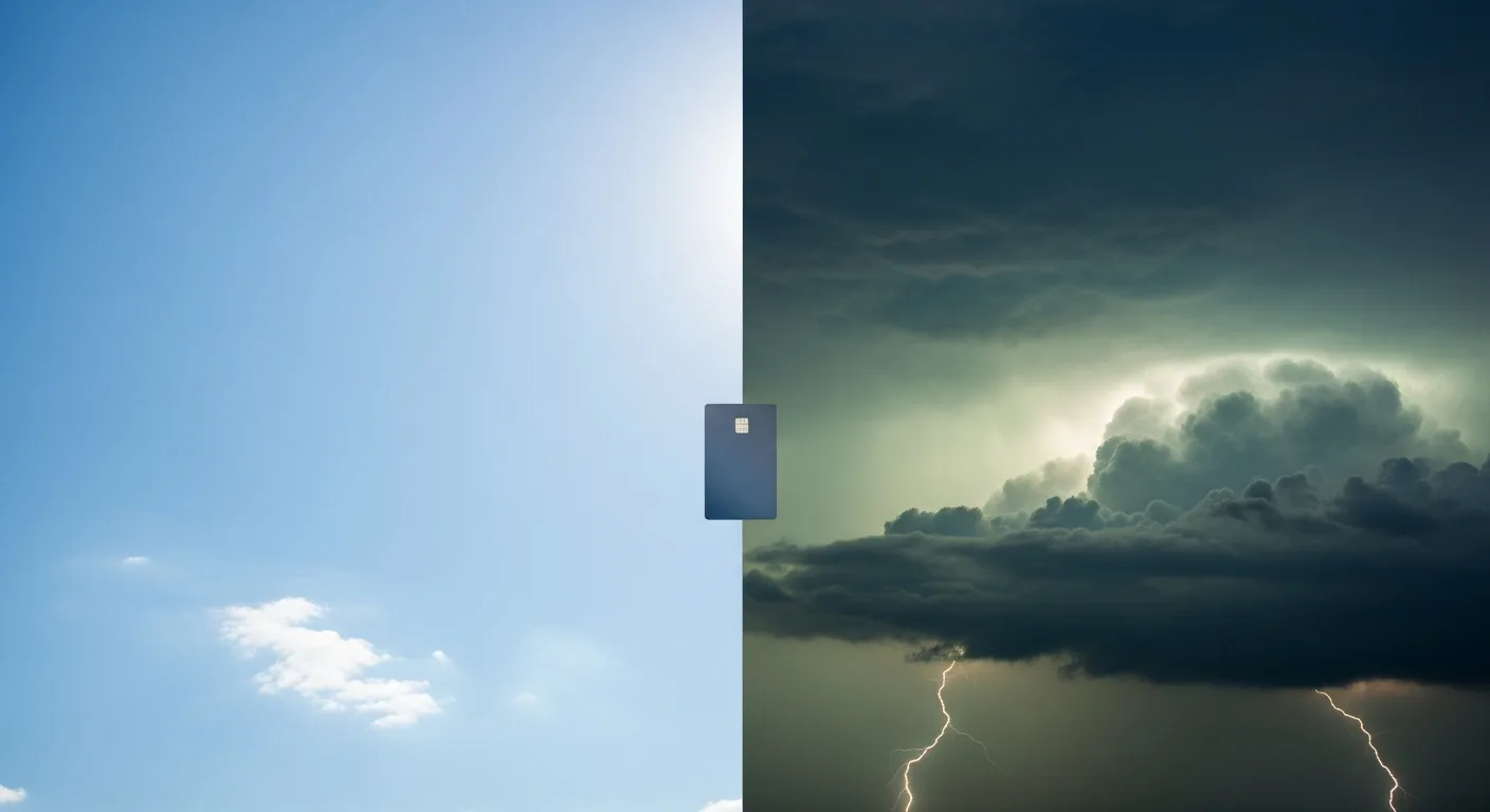 Split scene showing calm skies transitioning to storm clouds with a credit card