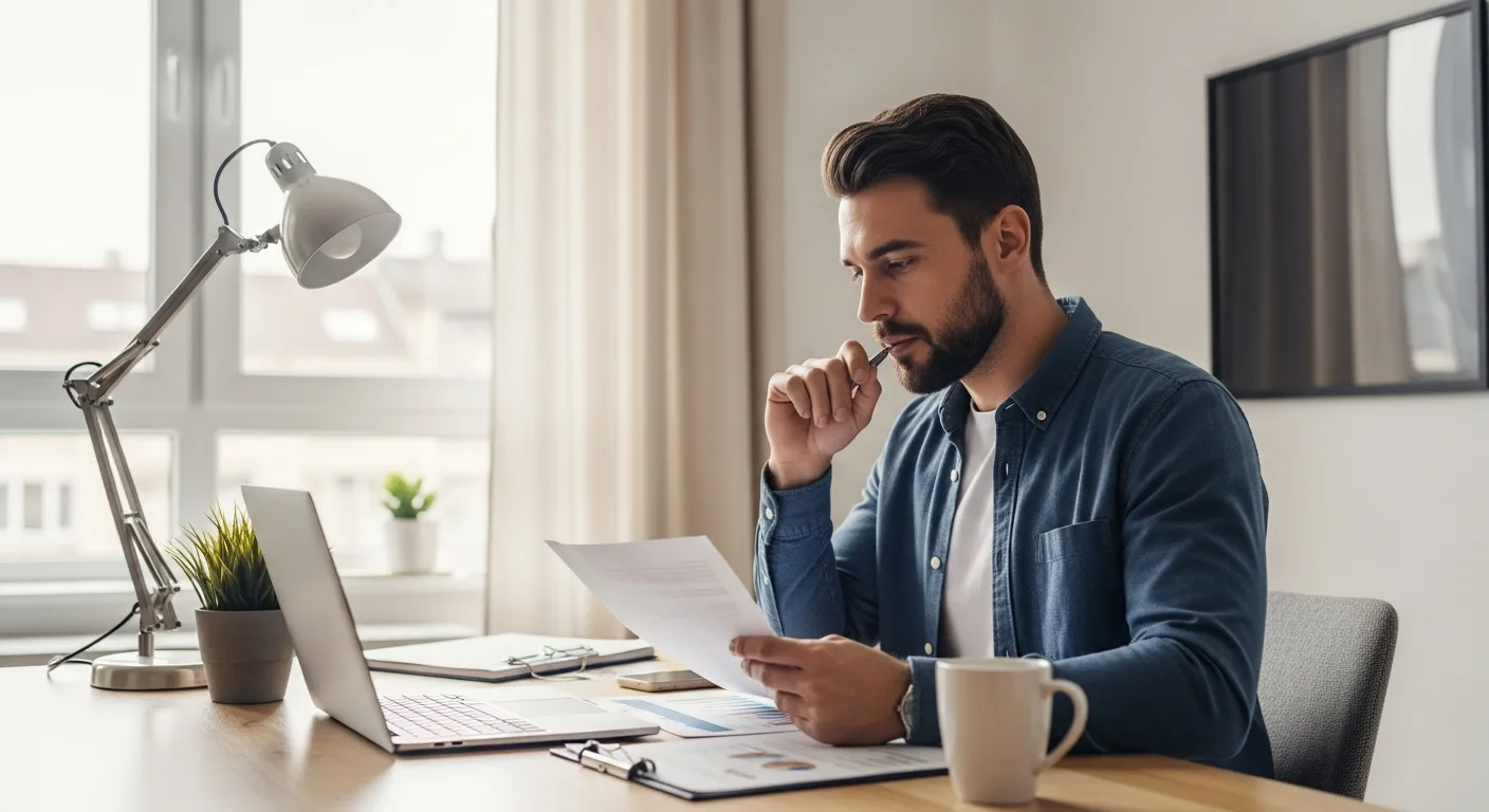 Man reviewing financial documents at a home office desk