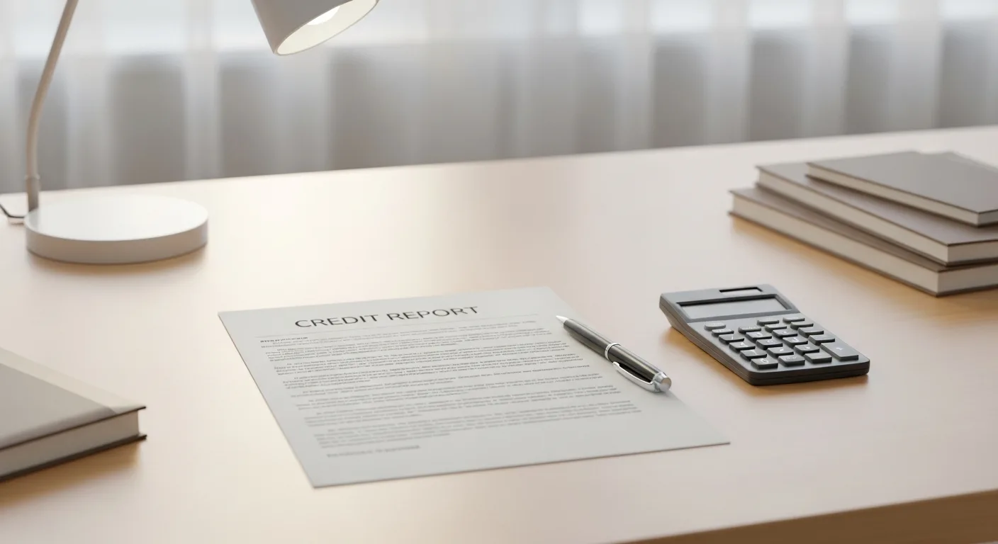 A credit report printed on paper beside a pen and calculator on a desk