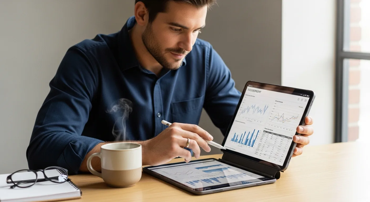 A man reviewing financial documents on a tablet at a clean desk
