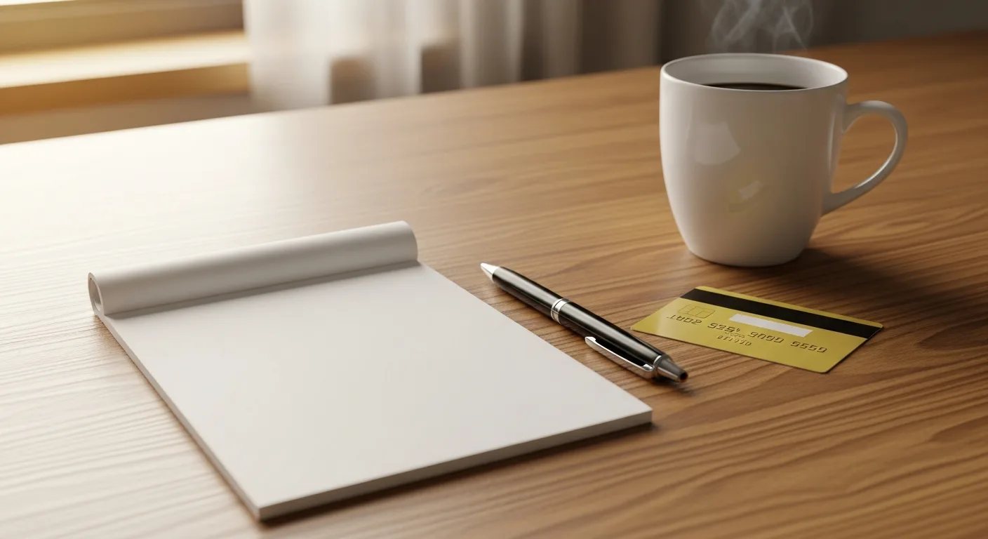 A desk with a notepad, a pen, and a single credit card beside a cup of coffee, suggesting a fresh financial start