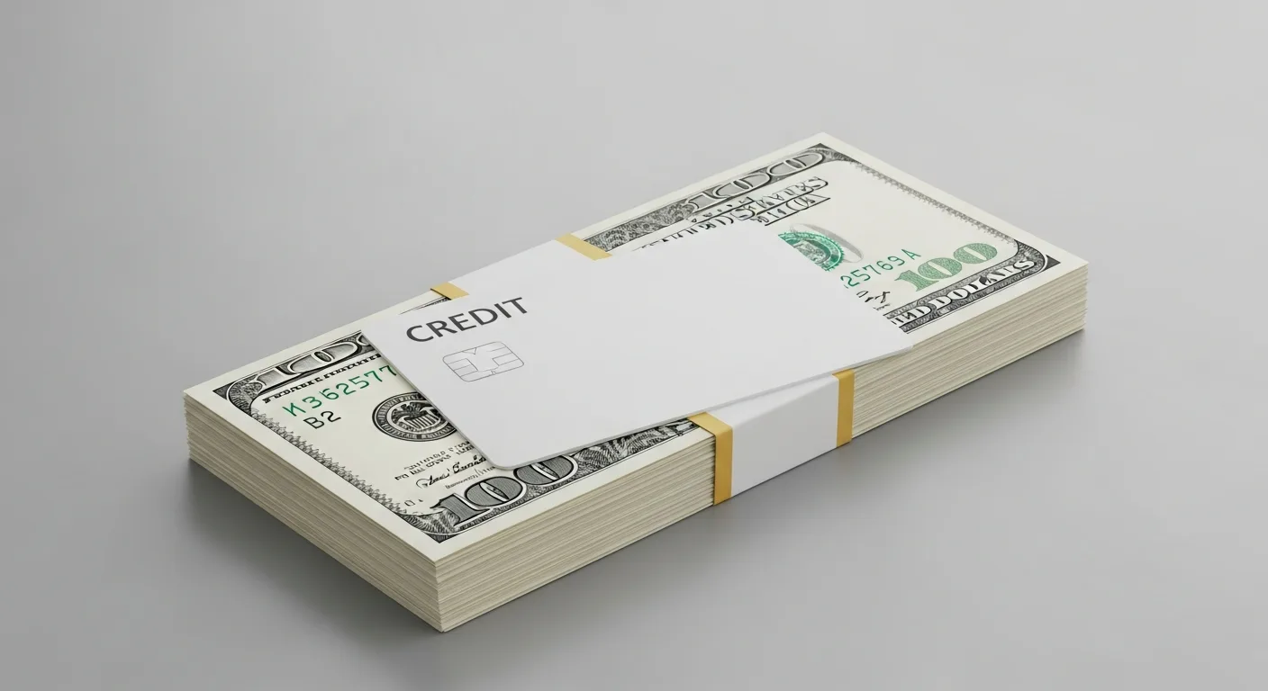 A secured credit card resting on top of a small stack of folded cash, representing a refundable deposit