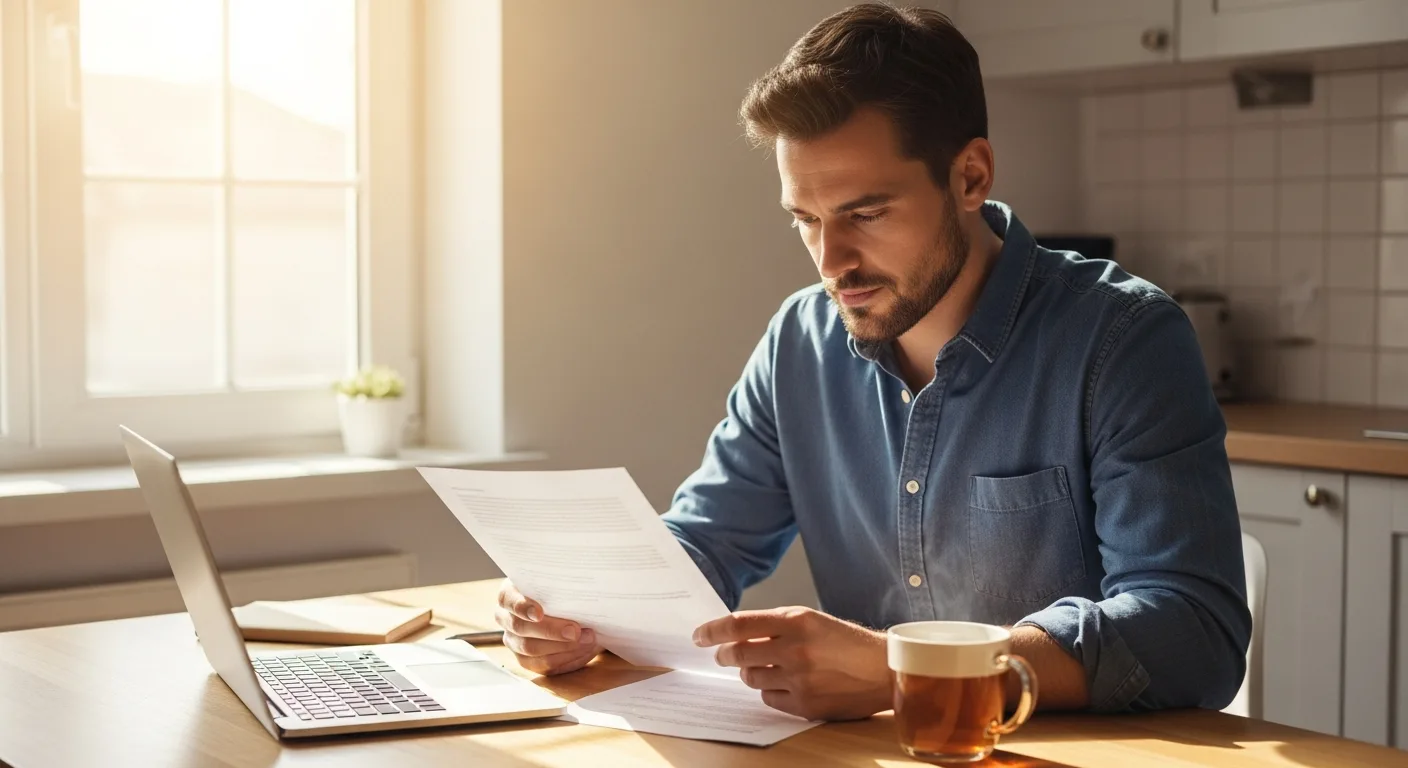 An adult man reviewing a document at a kitchen table with a laptop and a cup of tea, planning finances