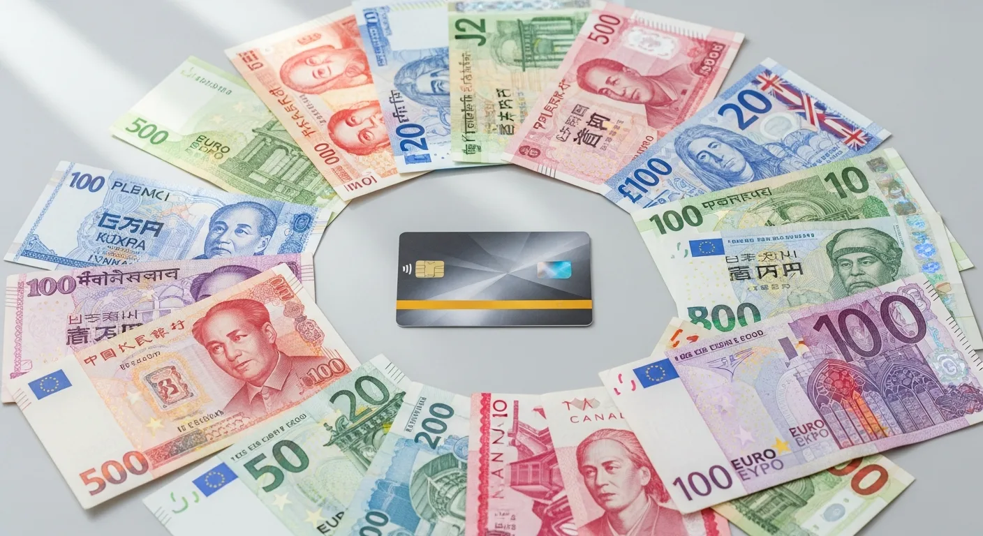 Credit card surrounded by foreign currency notes from multiple countries on a travel-themed surface