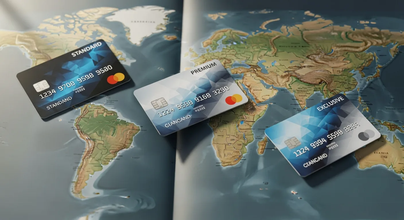 Three credit cards arranged on an open world map representing different travel card tiers