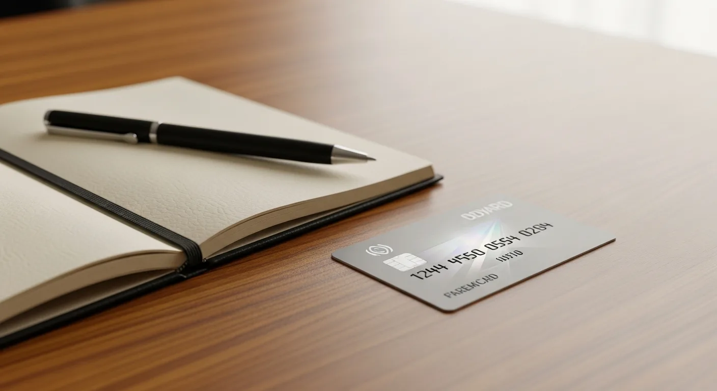 A leather wallet, a paycheck stub, and a blank notebook on a clean wooden desk
