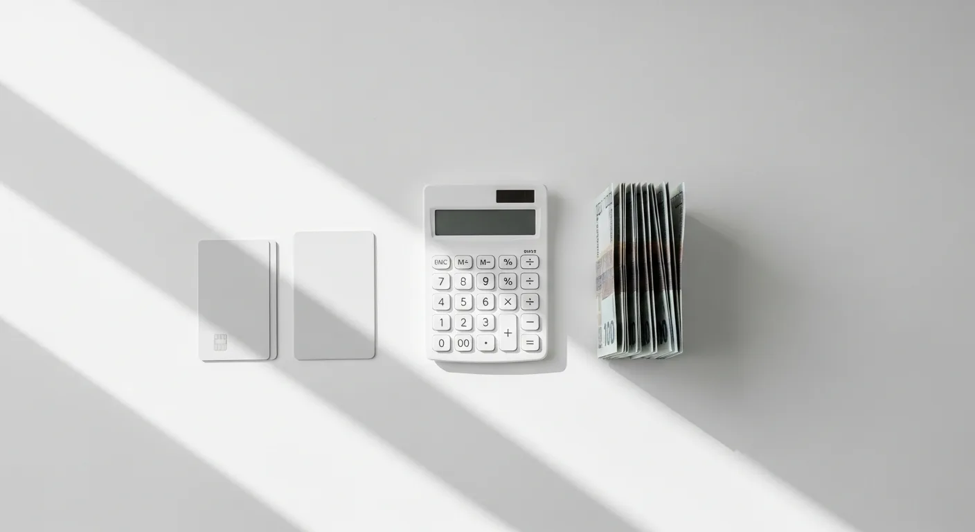 A secured credit card and a small stack of cash beside a calculator on a desk
