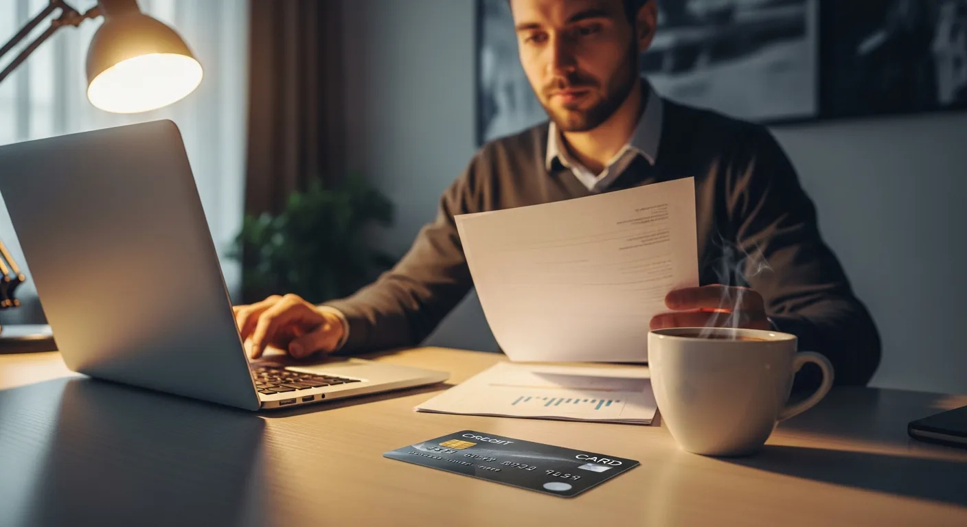 An adult man reviewing credit card statements on a laptop at a modern home office desk