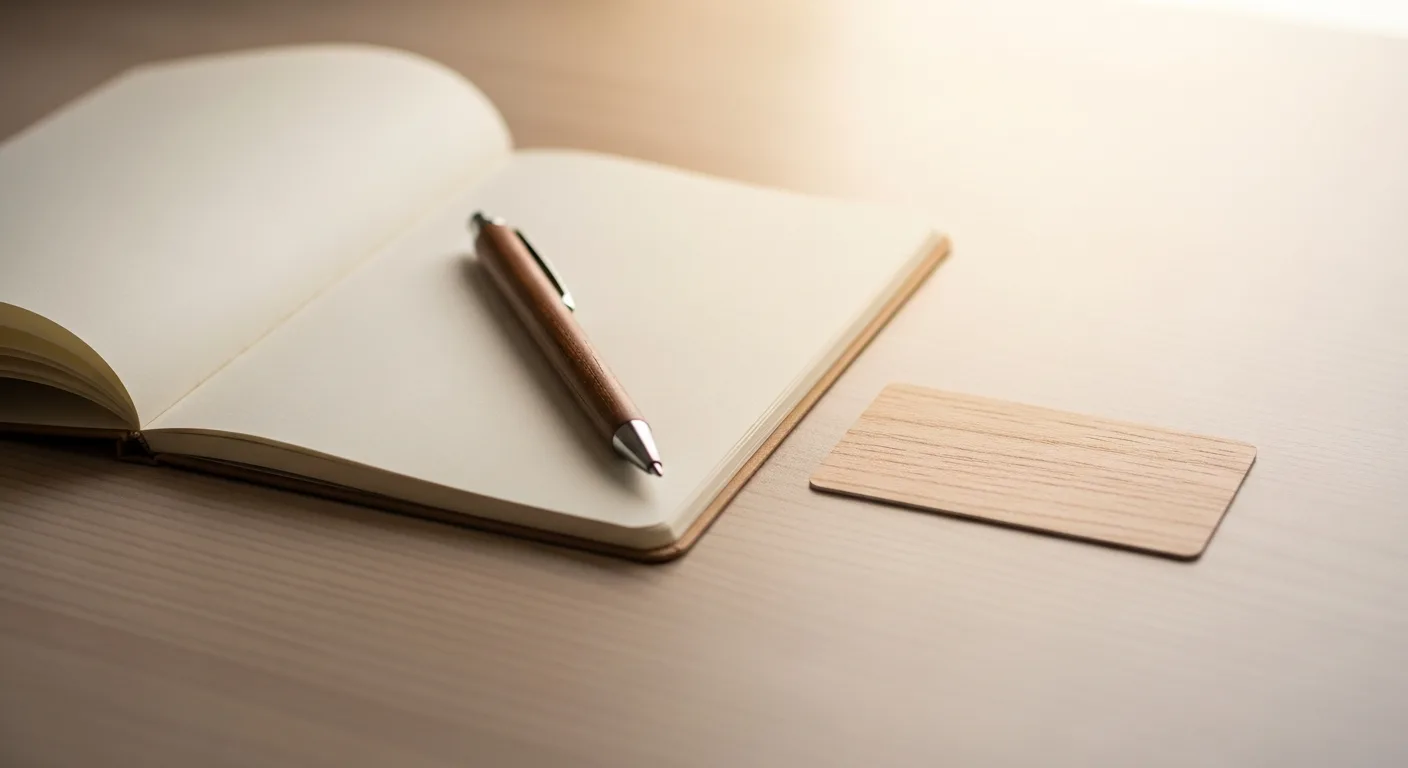 A fresh notebook and pen beside a credit card on a clean wooden desk