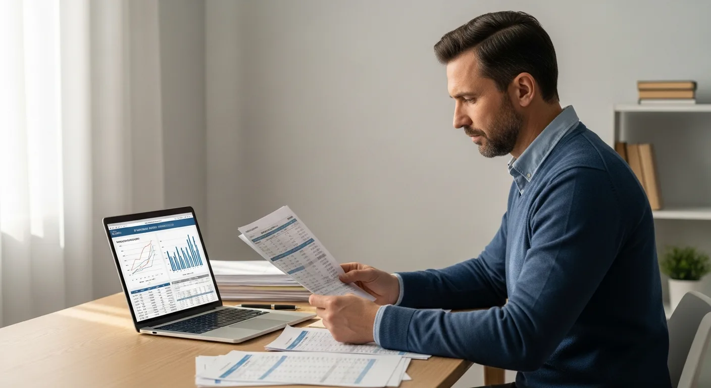 An adult man reviewing financial documents at a home office desk with a laptop