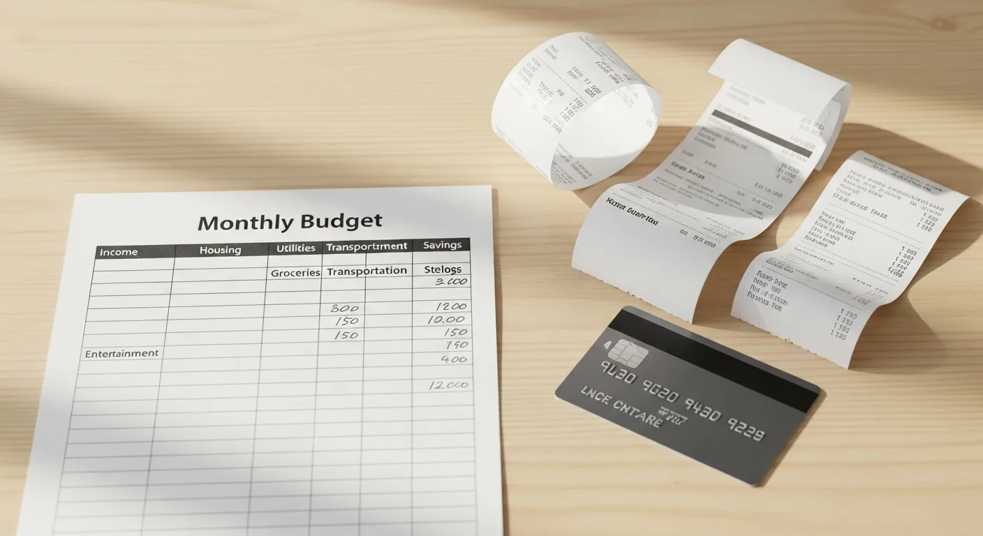Monthly budget printout with grocery and gas receipts on a wooden desk