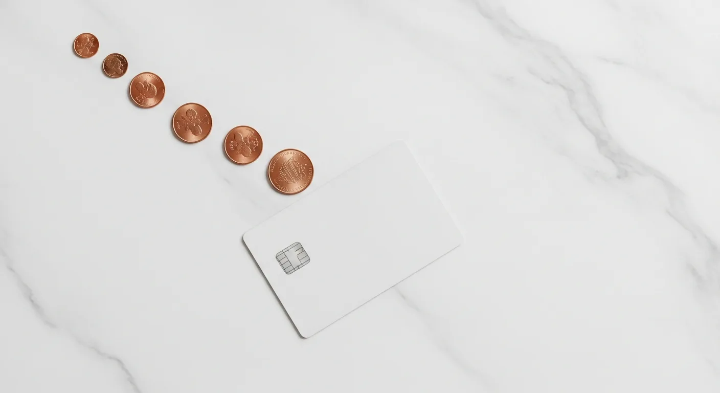 Credit card with a small trail of coins on a white surface representing residual interest
