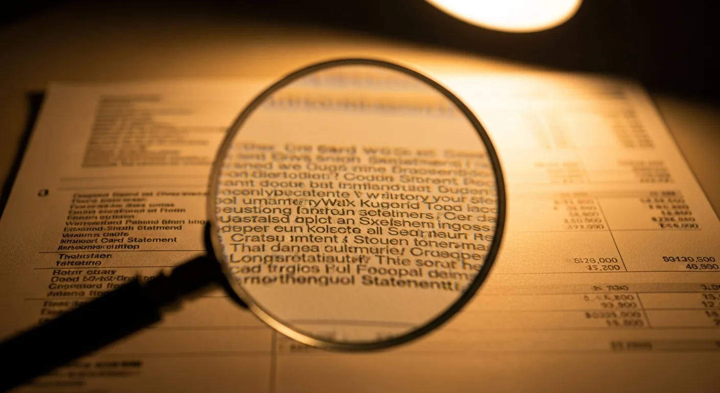 Magnifying glass over a credit card statement revealing fine print