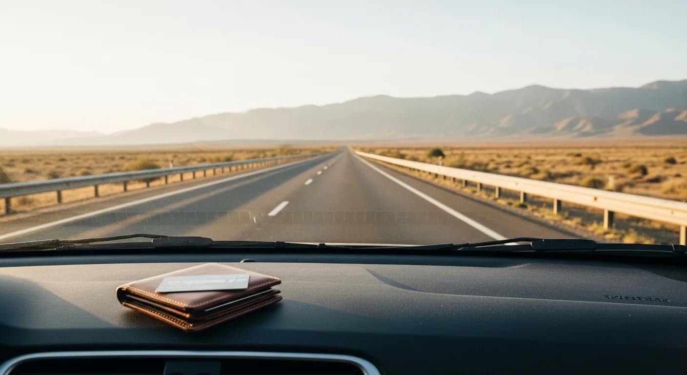 Open road stretching through mountains with a wallet and credit card on a car dashboard