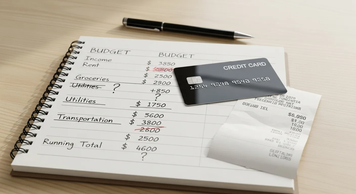 Notebook with road trip budget calculations beside a credit card and gas station receipt