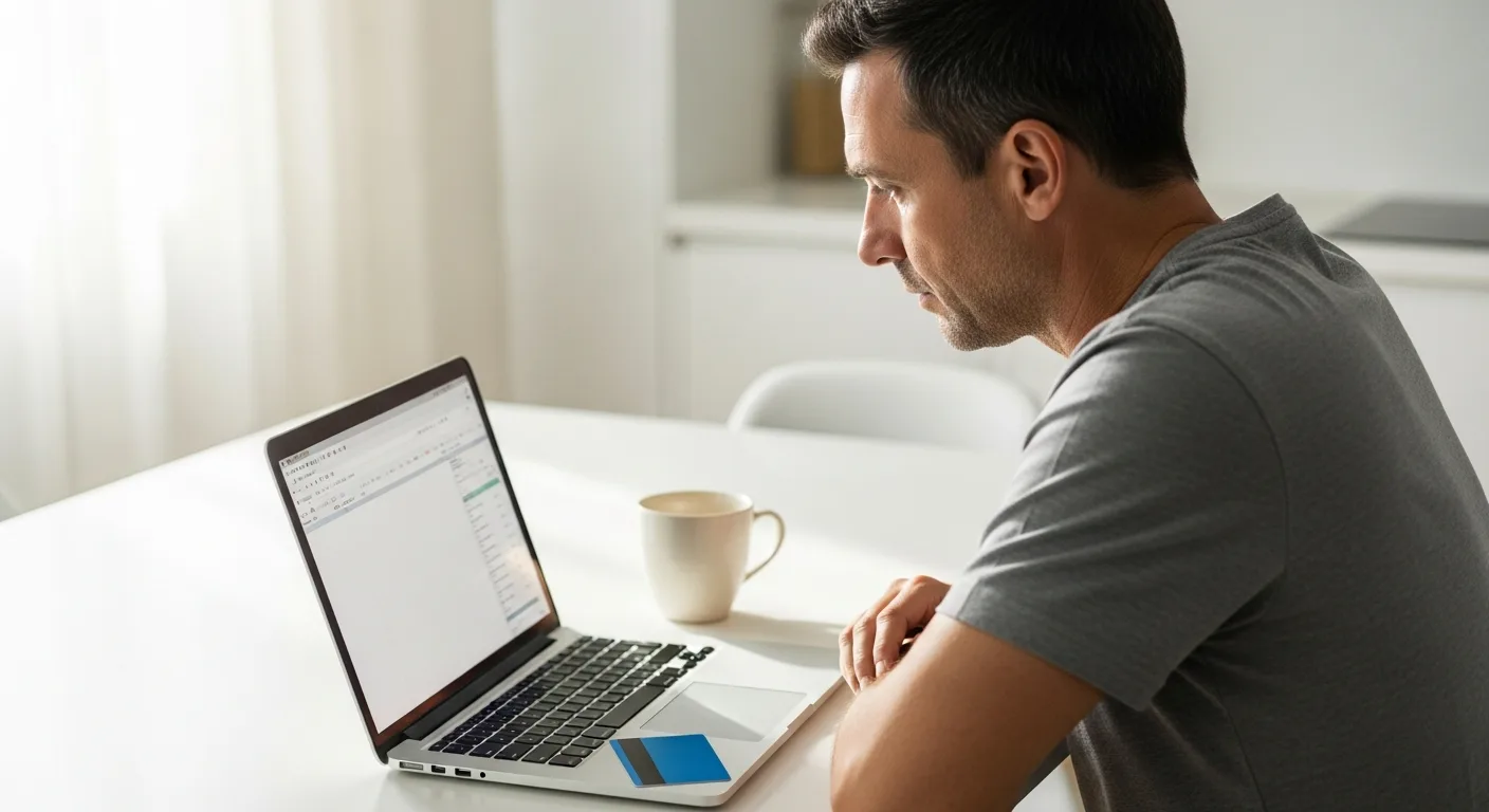 Adult man reviewing credit card rewards on a laptop at a kitchen table with a coffee mug