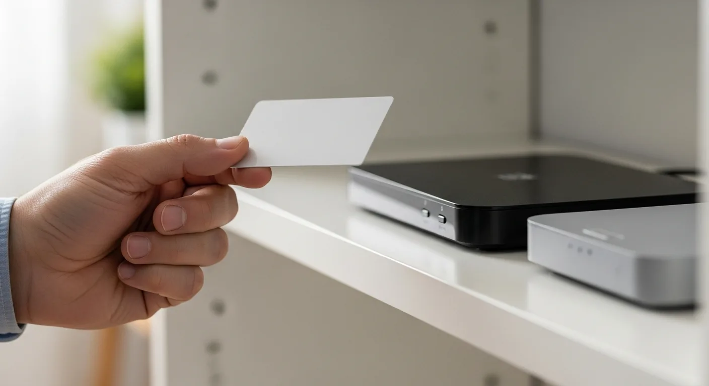 A close-up of a hand holding a credit card near a home router and modem