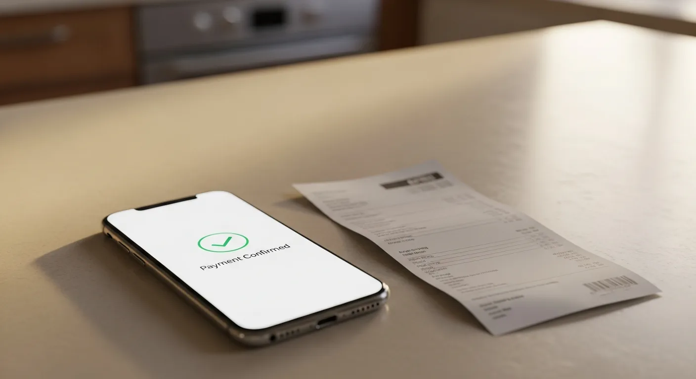 A smartphone displaying an autopay confirmation screen next to a utility bill on a kitchen counter